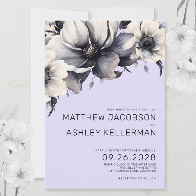 Invitación Boda floral púrpura con acuarela moderna (Chic Modern Lilac Lavender Purple Floral Wedding Invitation)
