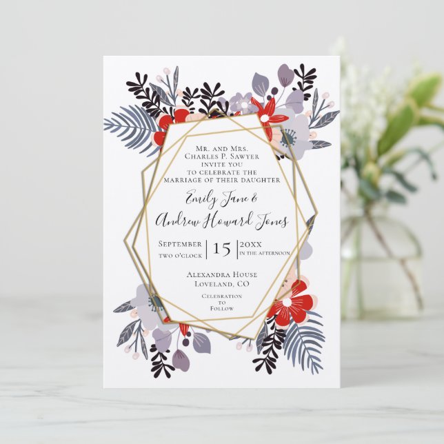 Invitación Boda floral púrpura de lavanda rosa rojo azul (Anverso de pie)