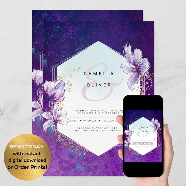 Invitación Boda floral púrpura de plumas todo en 1 (Subido por el creador)