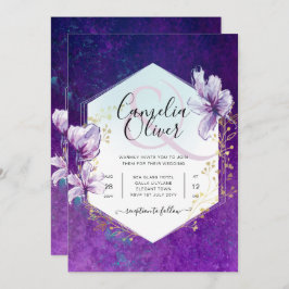 Invitación Boda floral púrpura de plumas todo en 1