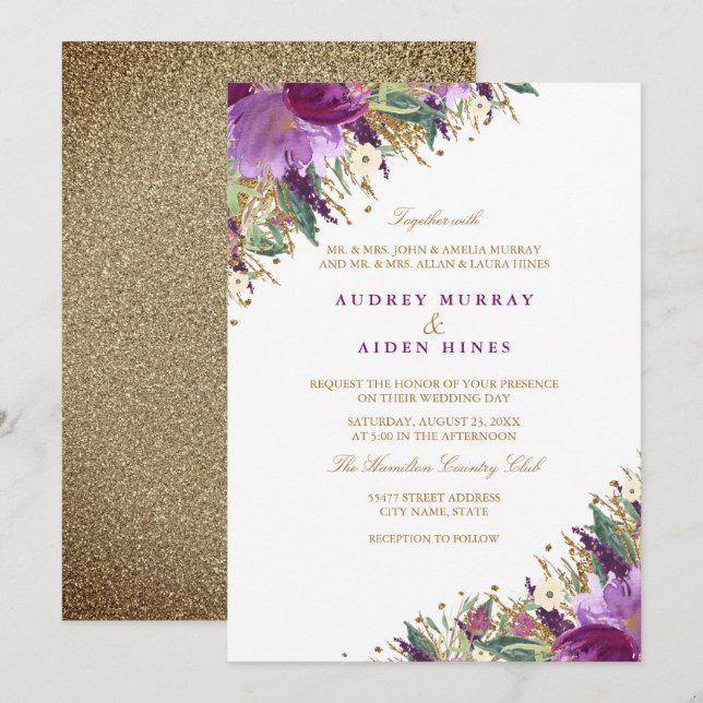 Invitación Boda floral púrpura esparkling Amethyst (Anverso / Reverso)