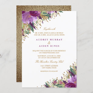 Invitación Boda floral púrpura esparkling Amethyst