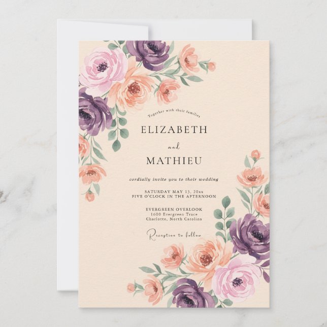 Invitación Boda floral púrpura melocotón (Anverso)
