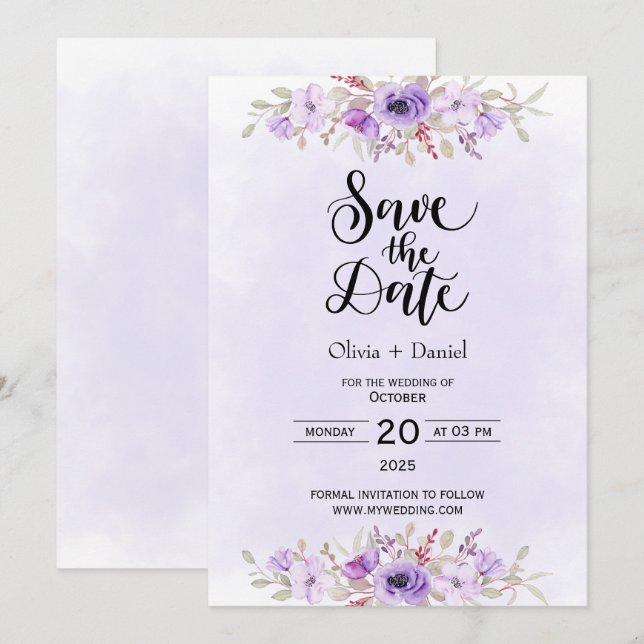 Invitación Boda floral púrpura moderna salva la fecha (Anverso / Reverso)