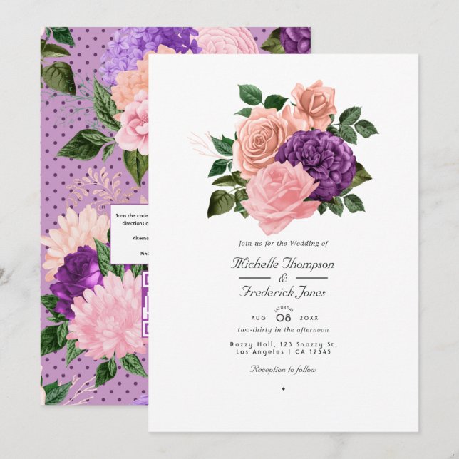 Invitación Boda floral púrpura rosa y lavanda (Anverso / Reverso)
