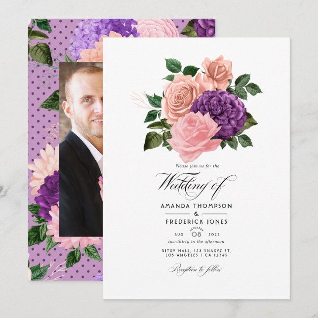Invitación Boda floral púrpura rosa y lavanda (Anverso / Reverso)