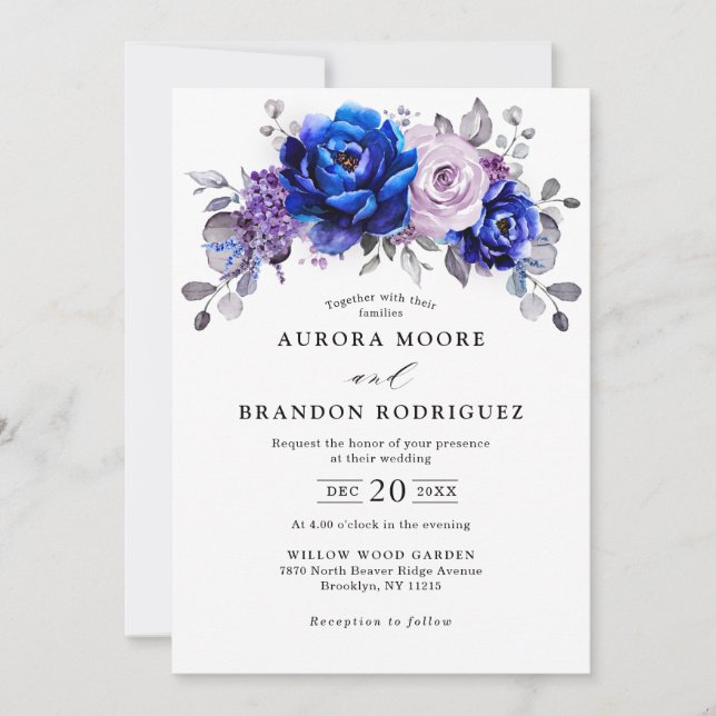 Invitación Boda floral púrpura Royal Blue Lilac (Anverso)