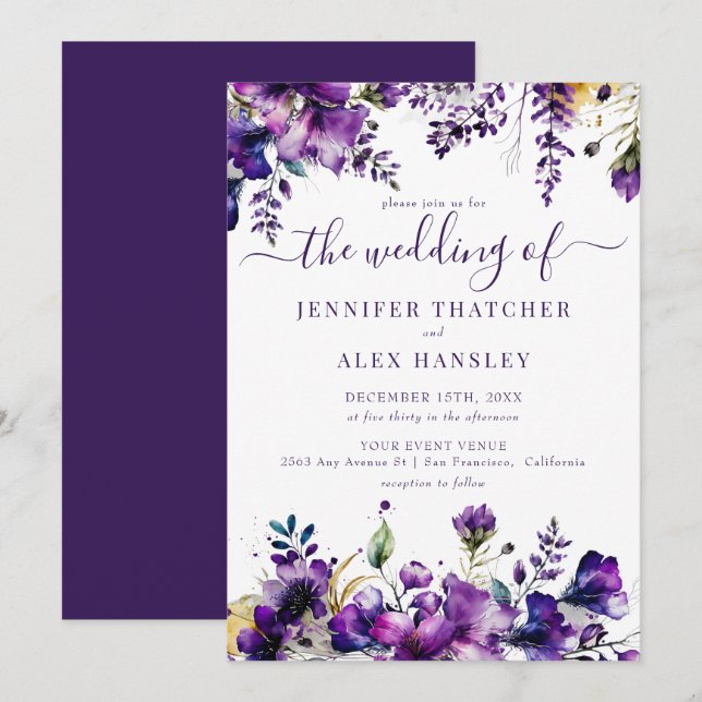 Invitación Boda floral púrpura rustica (Anverso / Reverso)