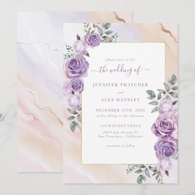 Invitación Boda floral púrpura rustica (Anverso / Reverso)