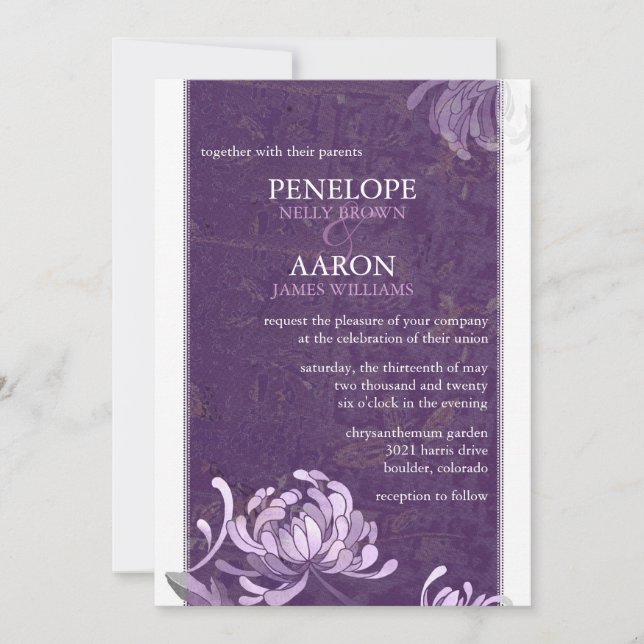 Invitación Boda floral púrpura rustica (Anverso)