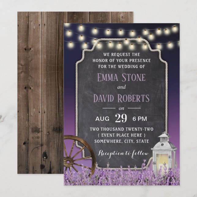 Invitación Boda floral púrpura rustica de Linterna blanca (Anverso / Reverso)