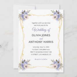 Invitación Boda Floral Púrpura Rústica Geométrica Dorada 