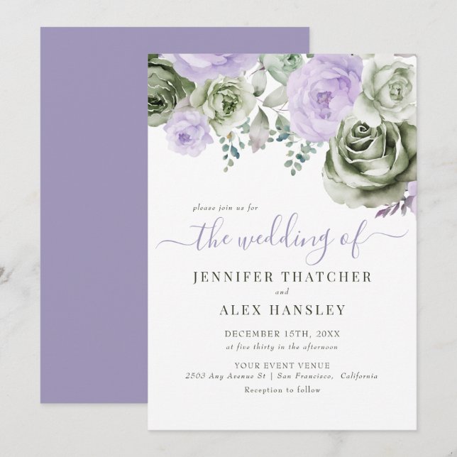 Invitación Boda floral púrpura verde (Anverso / Reverso)