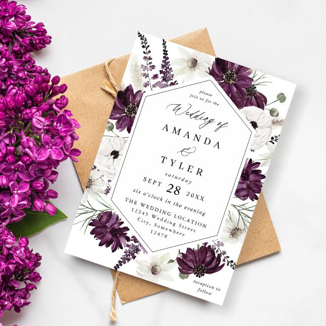 Invitación Boda floral púrpura y blanca V2 (Subido por el creador)