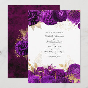 Invitación Boda floral púrpura y dorada