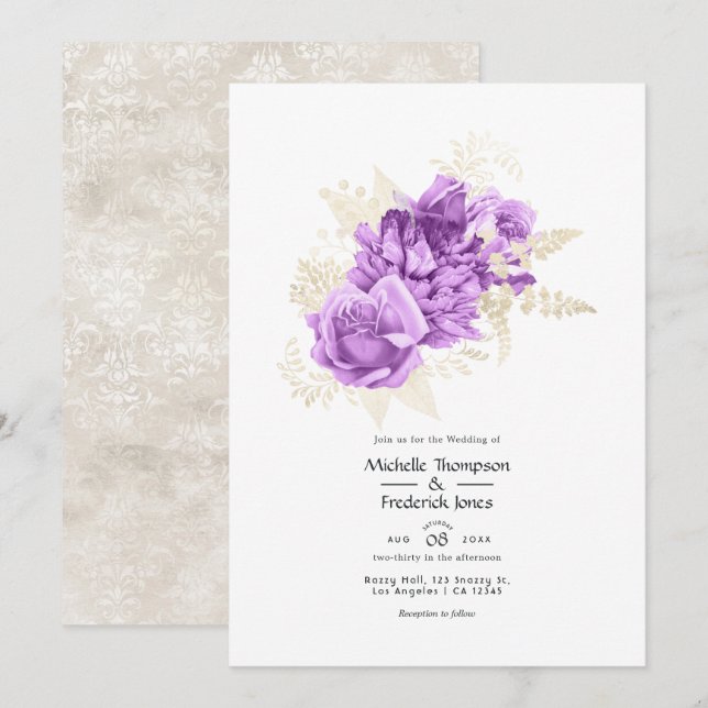 Invitación Boda floral púrpura y marfil (Anverso / Reverso)