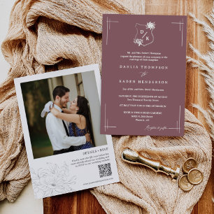 Invitación Boda floral púrpura y polvo Escudo QR Código Foto