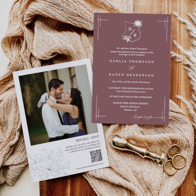 Invitación Boda floral púrpura y polvo Escudo QR Código Foto (Subido por el creador)
