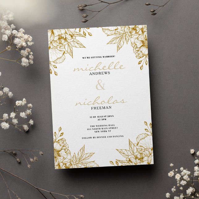 Invitación Boda floral purpurina blanco y dorado de lujo (Luxury white and gold glitter floral wedding)
