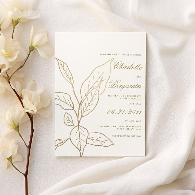 Invitación Boda floral purpurina blanco y elegante (Simple elegant white gold glitter floral wedding)
