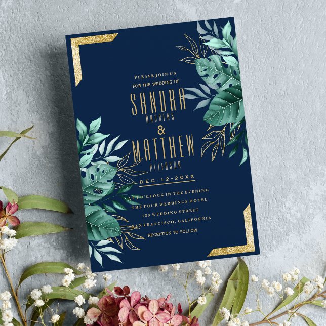 Invitación Boda floral purpurina de oro azul marino tropical (Tropical navy blue gold glitter floral Wedding )