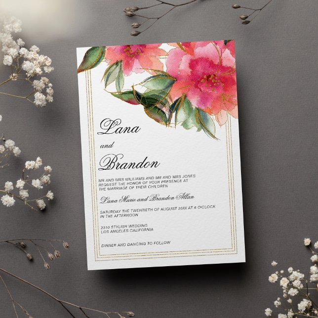 Invitación Boda floral purpurina de oro blanco con menta rosa (Coral pink mint white gold glitter floral wedding)