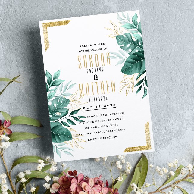 Invitación Boda floral purpurina de oro blanco y verde tropic (Tropical green white gold glitter floral Wedding )