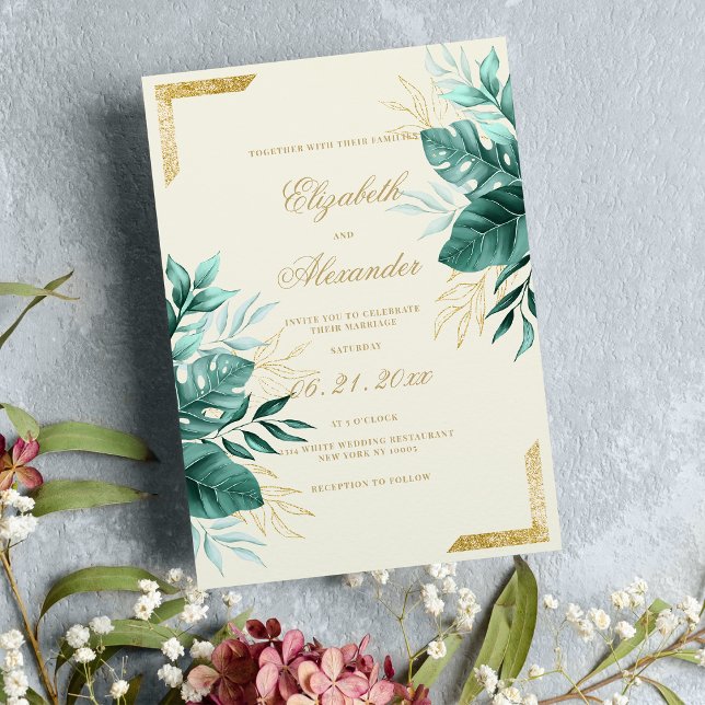 Invitación Boda floral purpurina de oro de marfil verde tropi (Tropical green ivory gold glitter floral wedding )
