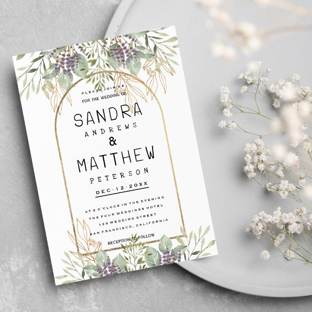 Invitación Boda floral purpurina de oro morado verde menta (Mint green purple gold glitter floral Wedding )