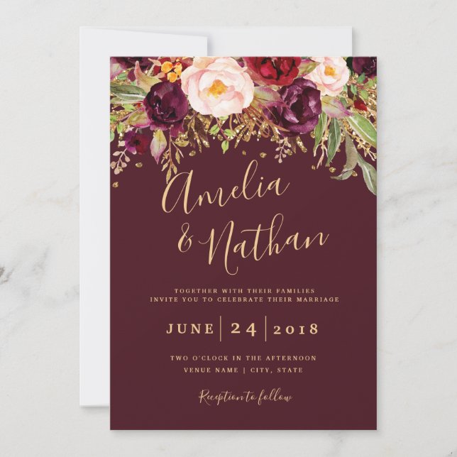Invitación Boda floral Purpurina de oro rojo de Borgoña (Anverso)