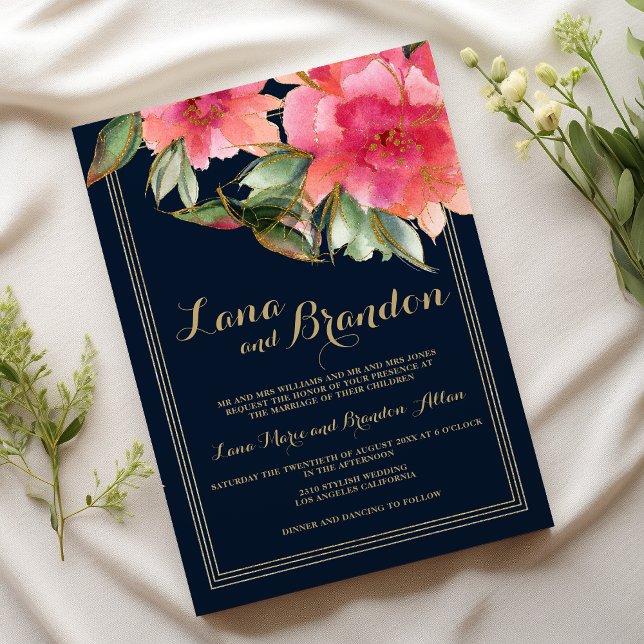 Invitación Boda floral purpurina de oro rosa de menta azul ma (Navy blue mint pink gold glitter floral wedding )