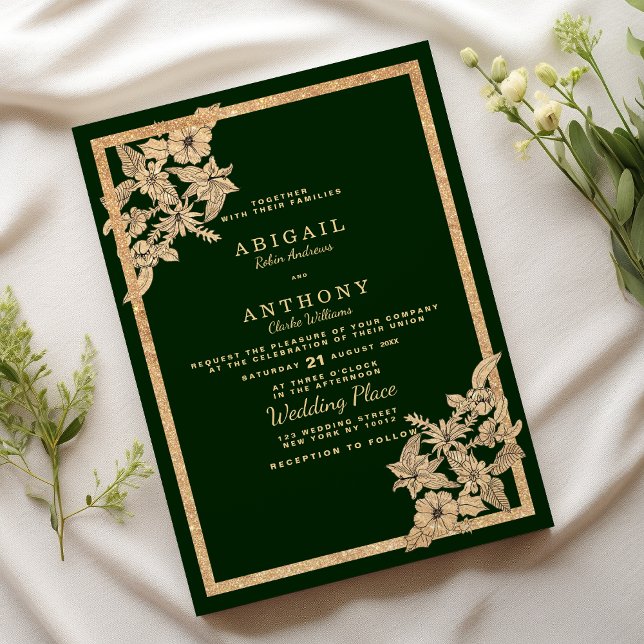 Invitación Boda floral purpurina de oro verde oscuro de lujo (Luxury dark green gold glitter floral Wedding )