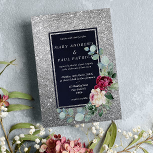 Invitación Boda floral purpurina de plata color rosa azul mar
