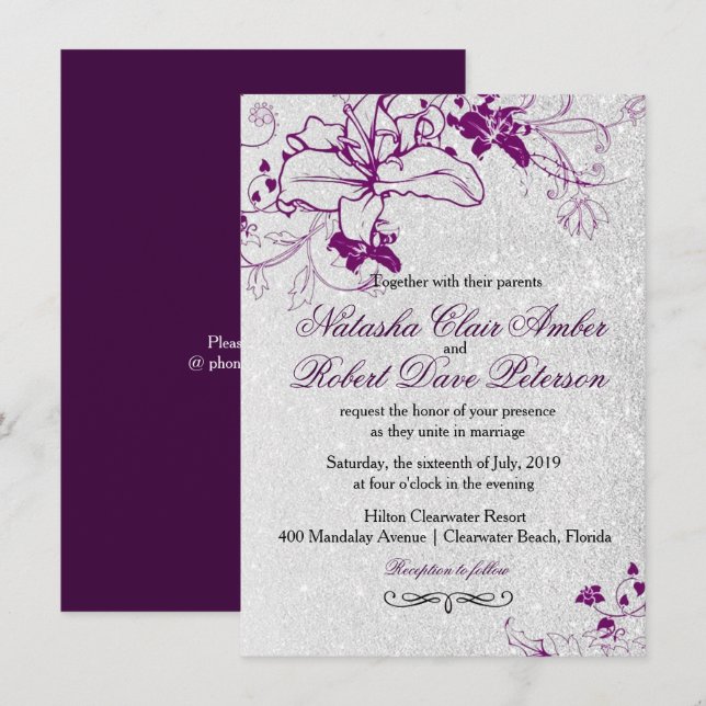 Invitación Boda floral Purpurina Púrpura Profundo (Anverso / Reverso)