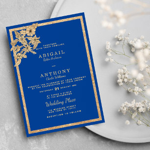 Invitación Boda floral Purpurina Royal Blue Gold