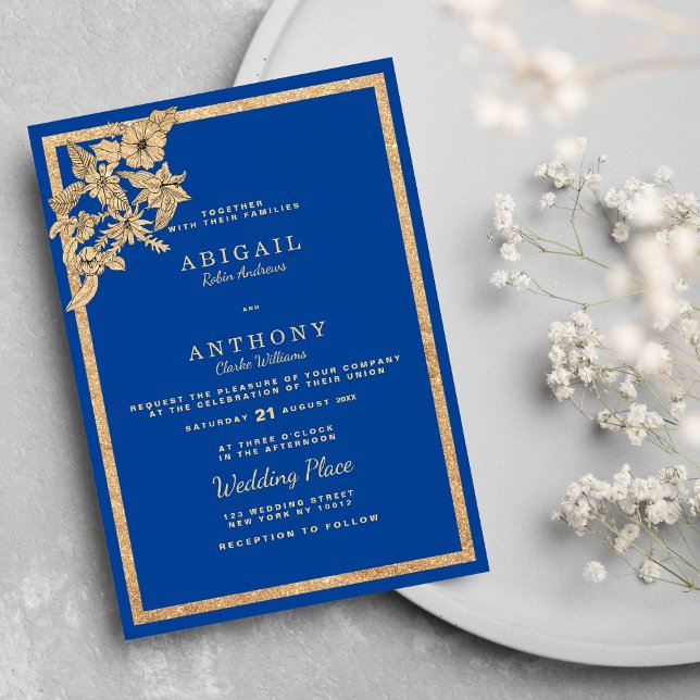 Invitación Boda floral Purpurina Royal Blue Gold (Stylish Royal Blue Gold Glitter Floral Wedding Invitation )