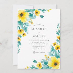 Invitación Boda floral radiante amarilla y turquesa