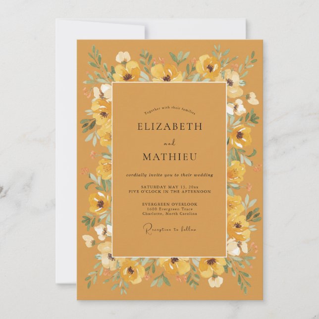 Invitación Boda floral radiante ámbar (Anverso)