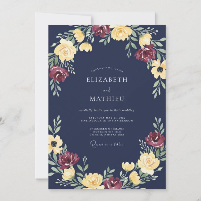 Invitación Boda floral radiante azul marino (Anverso)