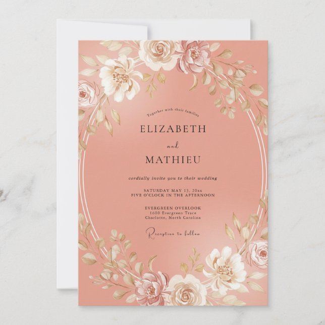 Invitación Boda floral radiante de melocotón (Anverso)