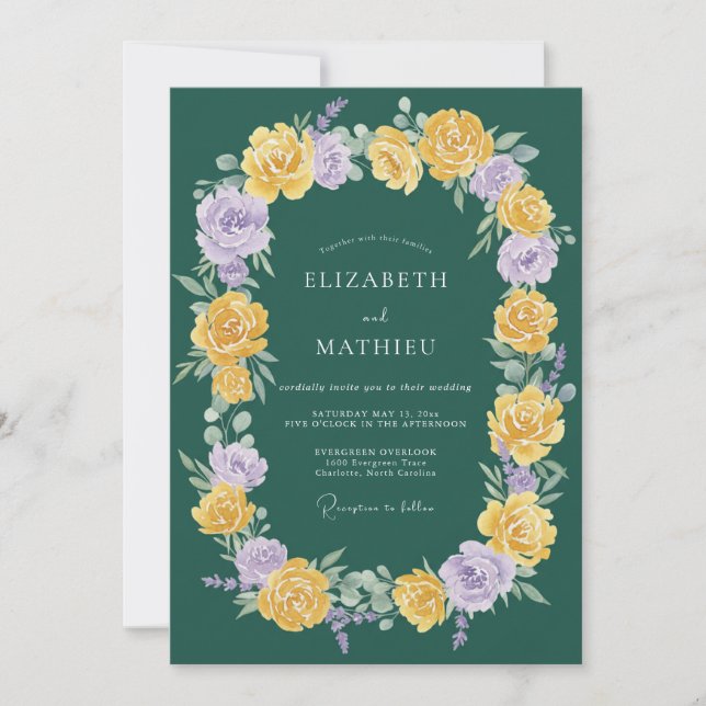 Invitación Boda floral radiante de verde bosque (Anverso)