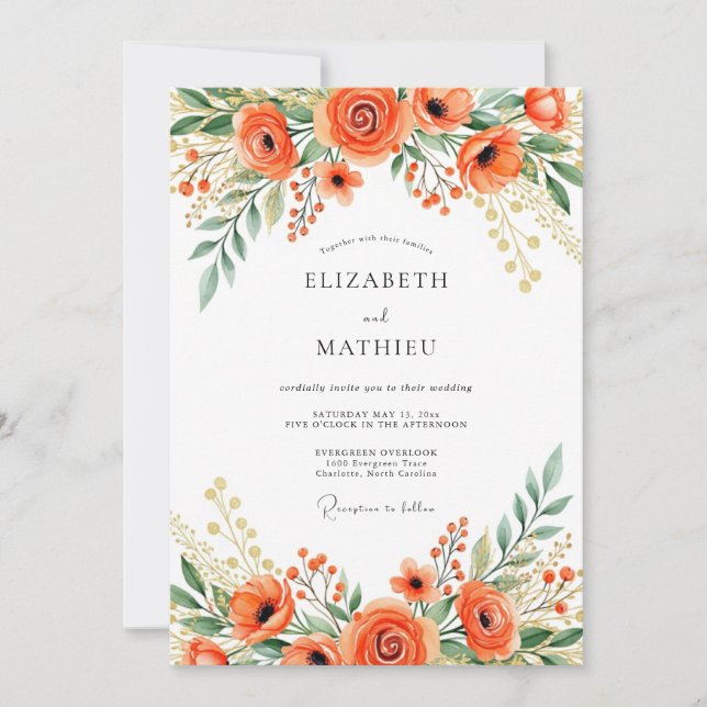 Invitación Boda floral radiante naranja (Anverso)
