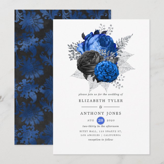 Invitación Boda floral real azul, negro y plateado (Anverso / Reverso)
