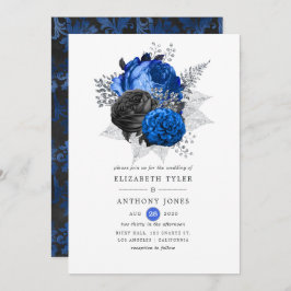 Invitación Boda floral real azul, negro y plateado