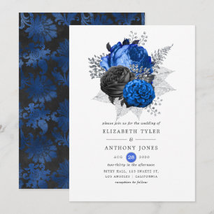 Invitación Boda floral real azul, negro y plateado