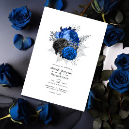 Invitación Boda floral real azul, negro y plateado