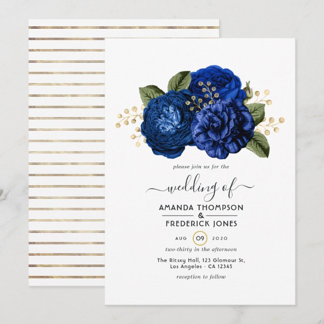 Invitación Boda floral real azul y falso Relieve metalizado o (Anverso / Reverso)