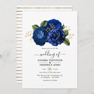 Invitación Boda floral real azul y falso Relieve metalizado o
