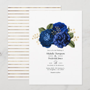 Invitación Boda floral real azul y falso Relieve metalizado o