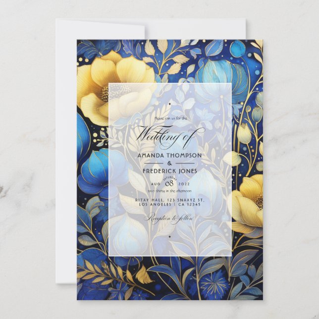 Invitación Boda floral real azul y oro (Anverso)